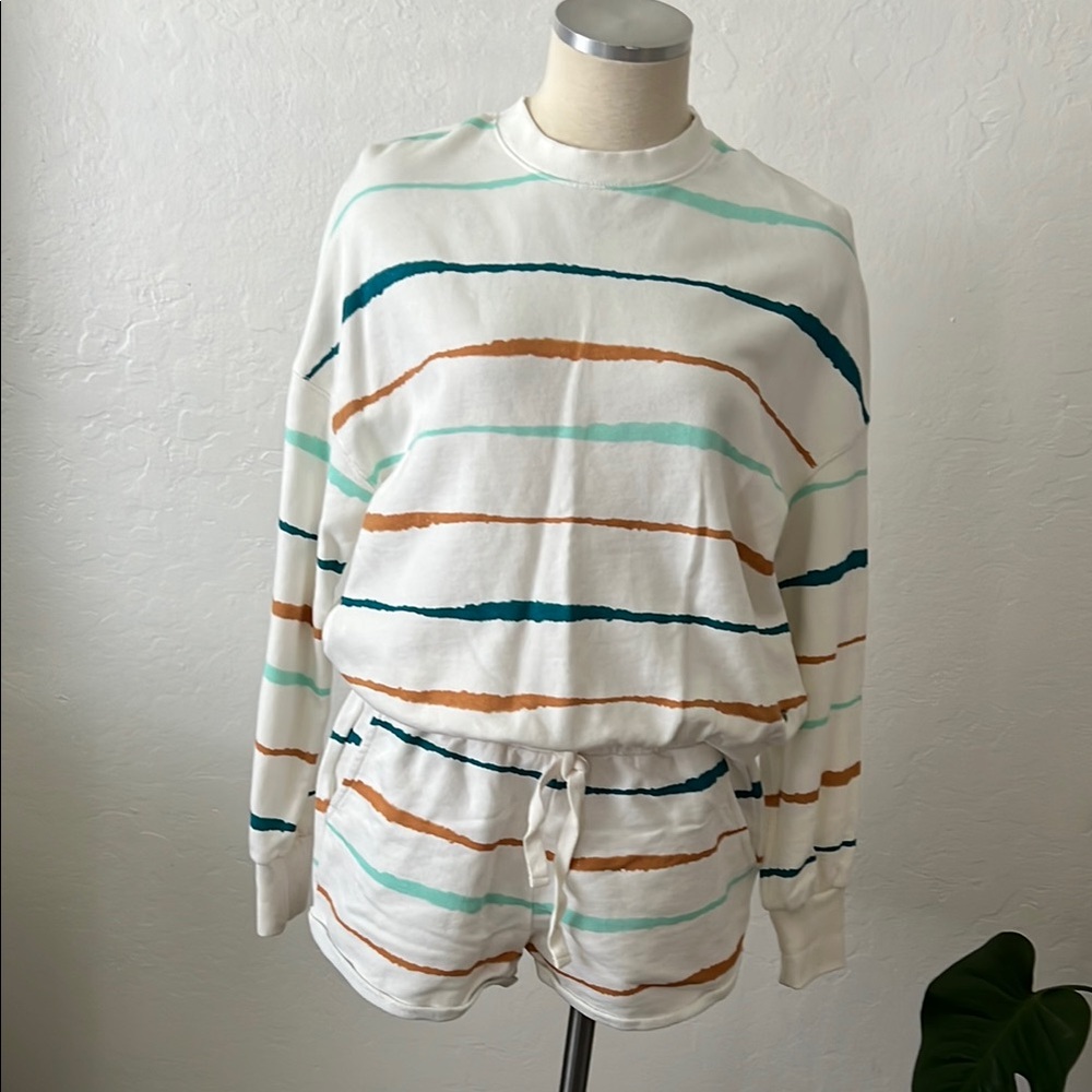 Roxy Striped Lounge Set in White and Teal